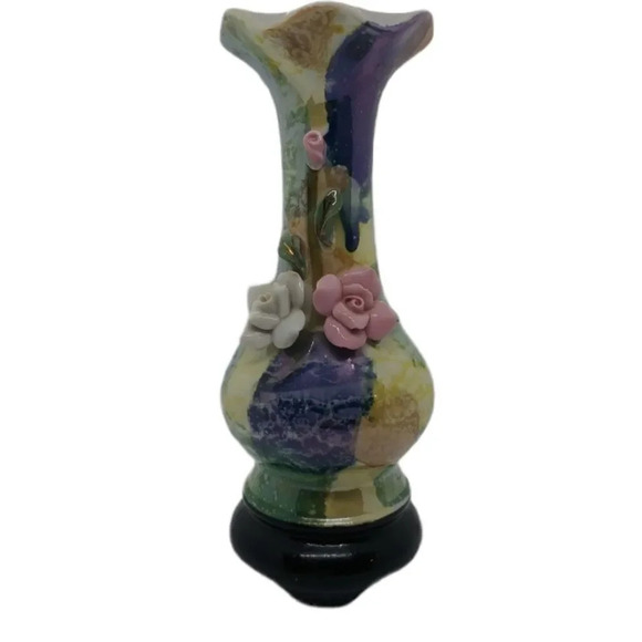 Vintage 80s Ceramic Vase, Shiny,  Flowers - Picture 1 of 5